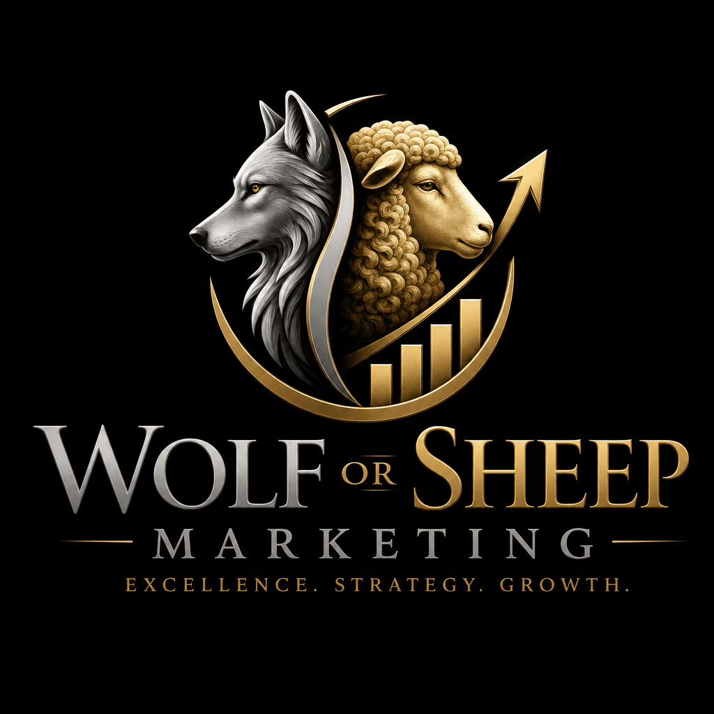 Sleek modern logo for Wolf or Sheep Marketing with gold and silver typography on black background