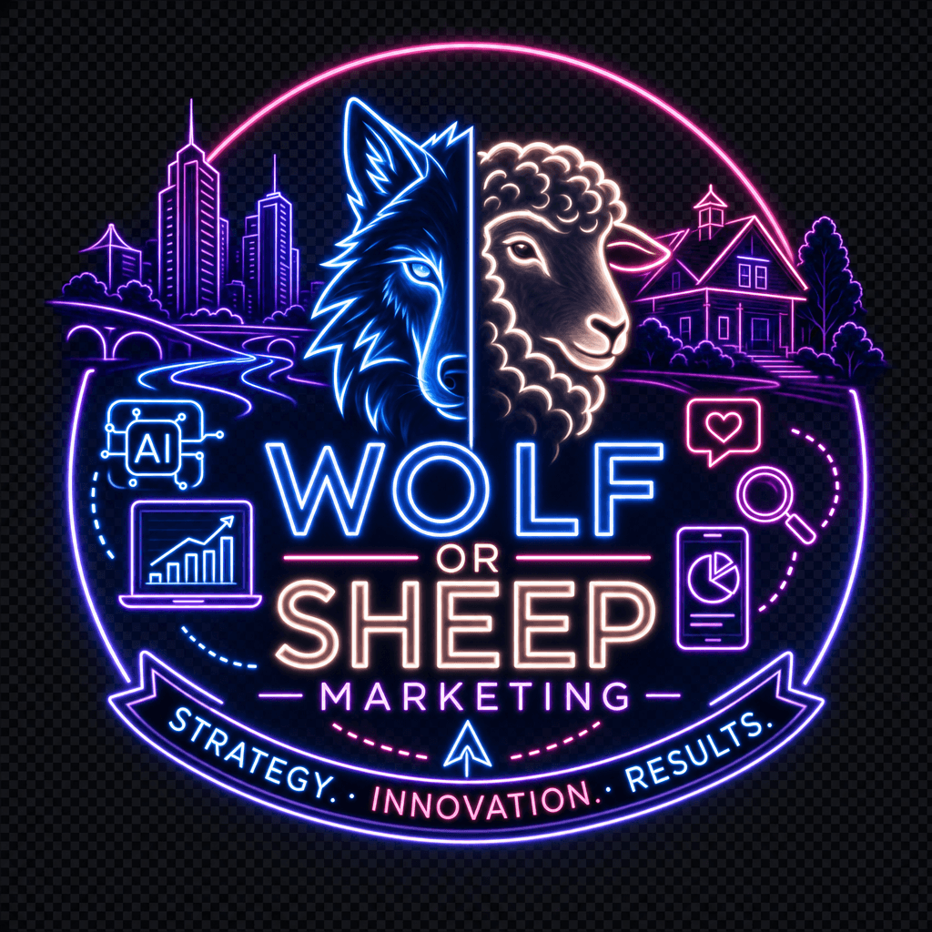 Neon sign style classic logo for Wolf or Sheep Marketing blending innovation and strategy