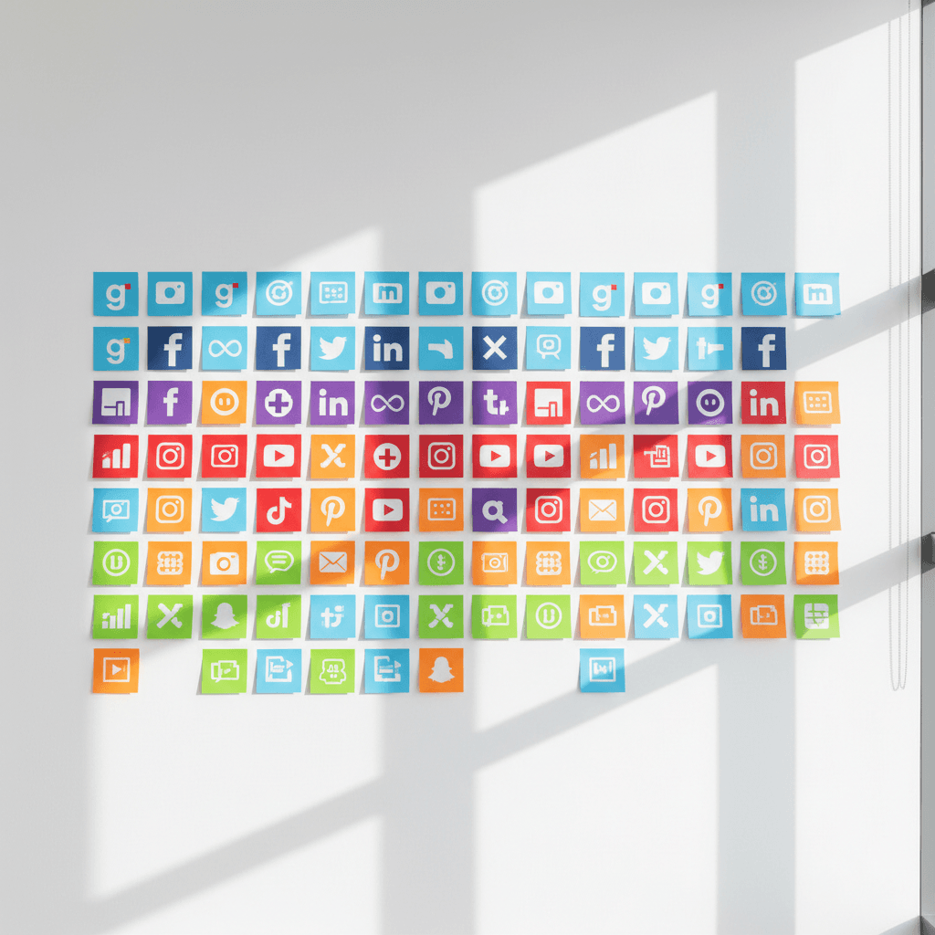 Sticky notes with platform icons on white wall