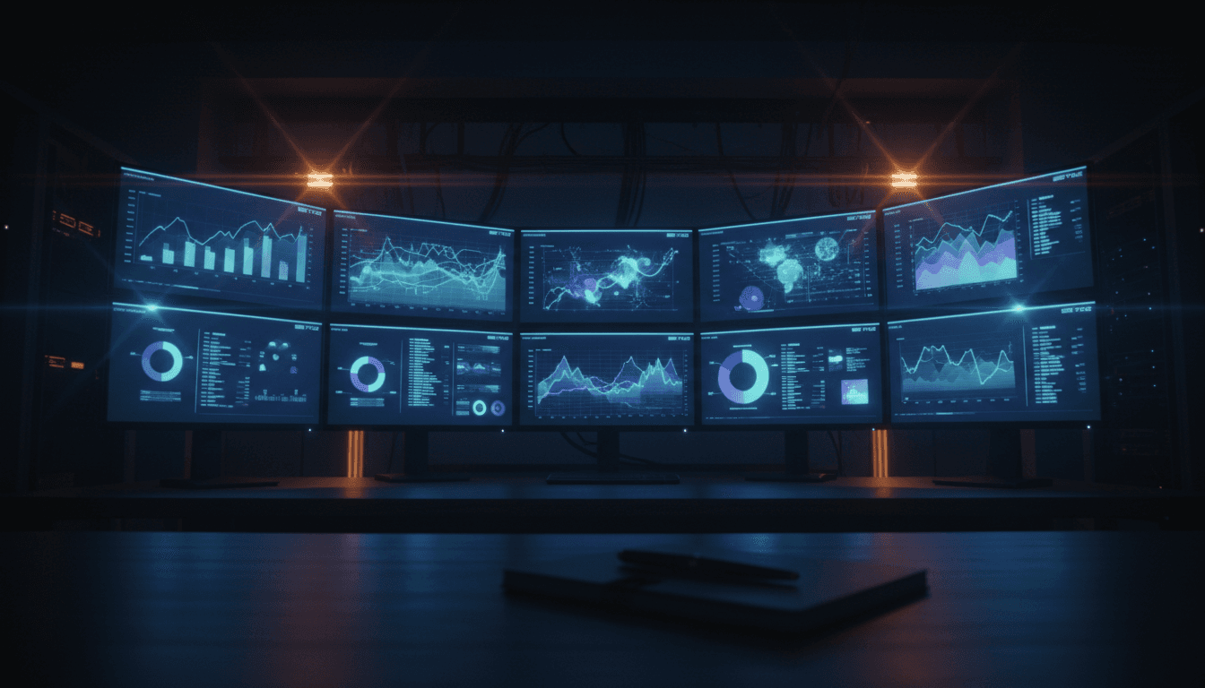 Multi-monitor advertising analytics setup in dim light