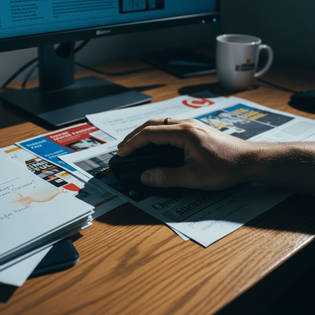 Hand on computer mouse over desk with print ad mockups