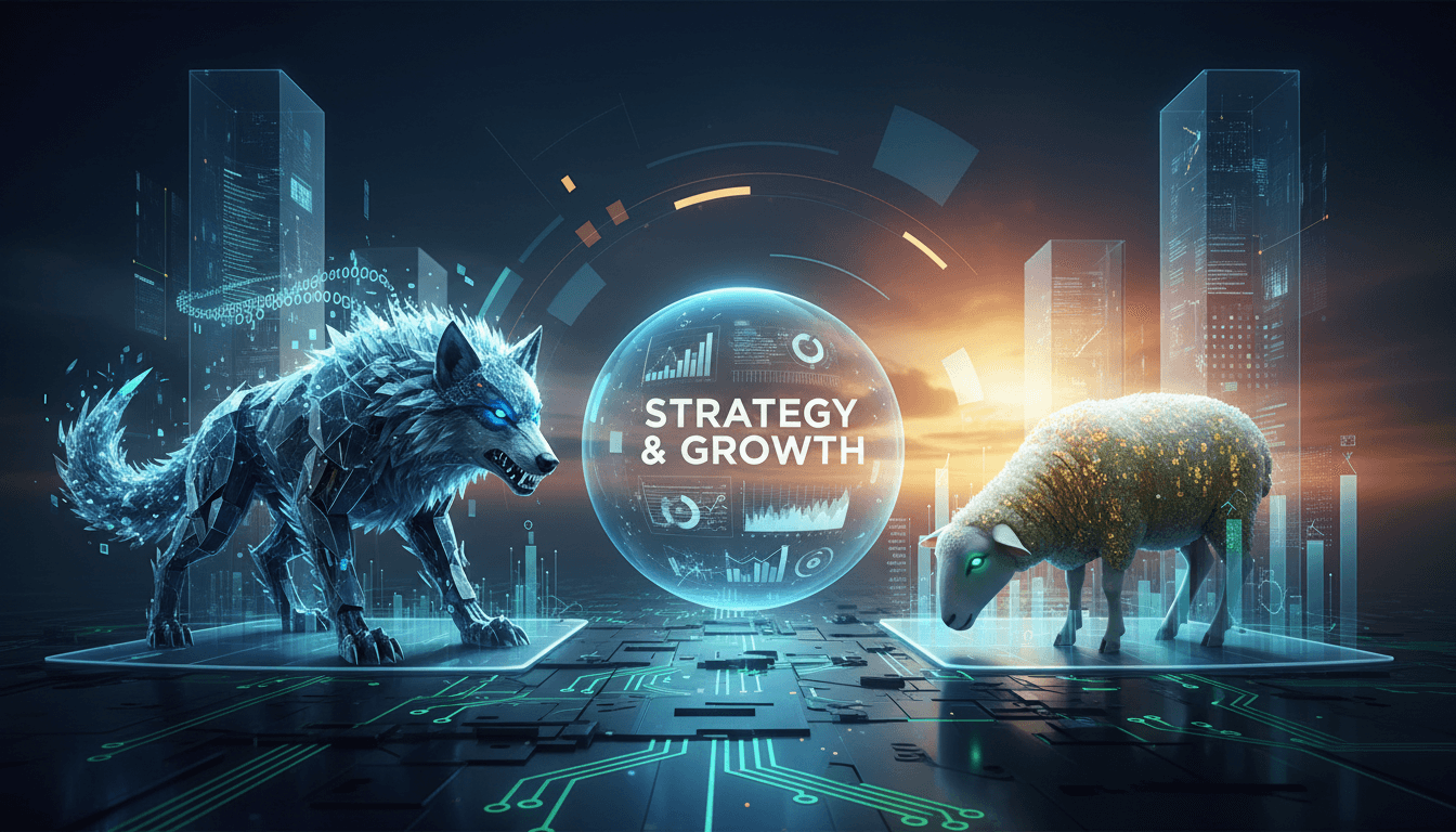 Wolf and sheep in a digital landscape, representing strategy and competition in marketing.