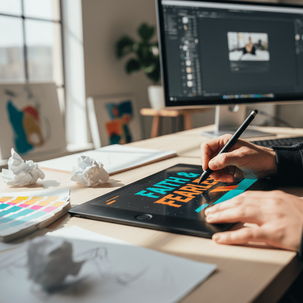 Graphic designer's hands using stylus on tablet to create modern sermon graphics with vibrant typography and design elements