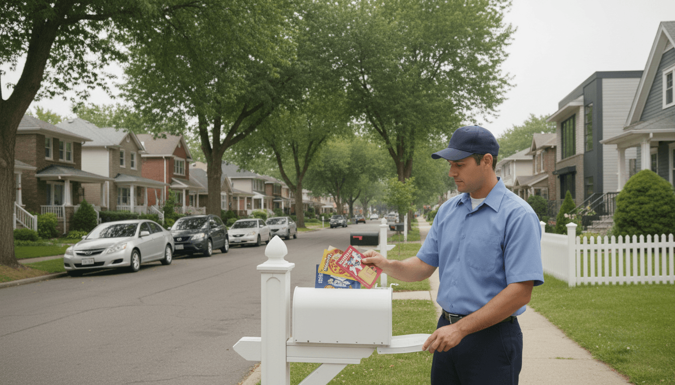 Mail carrier delivering diverse business postcards into residential mailbox on suburban tree-lined street