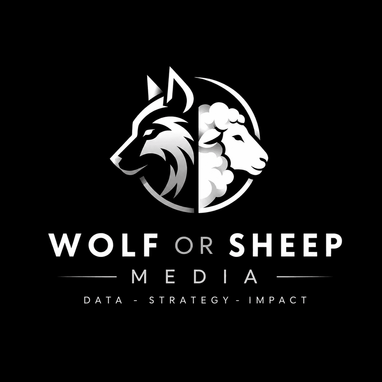 Monochrome Wolf or Sheep Media logo featuring a split wolf and sheep head circular emblem.